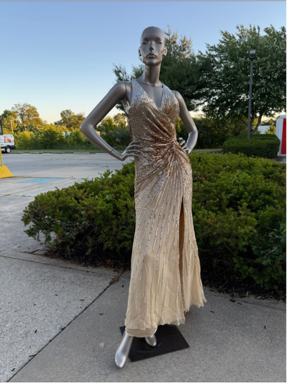 Terani Couture Champagne Sequin V-Neck Formal Gown Size 6 Prom Gala